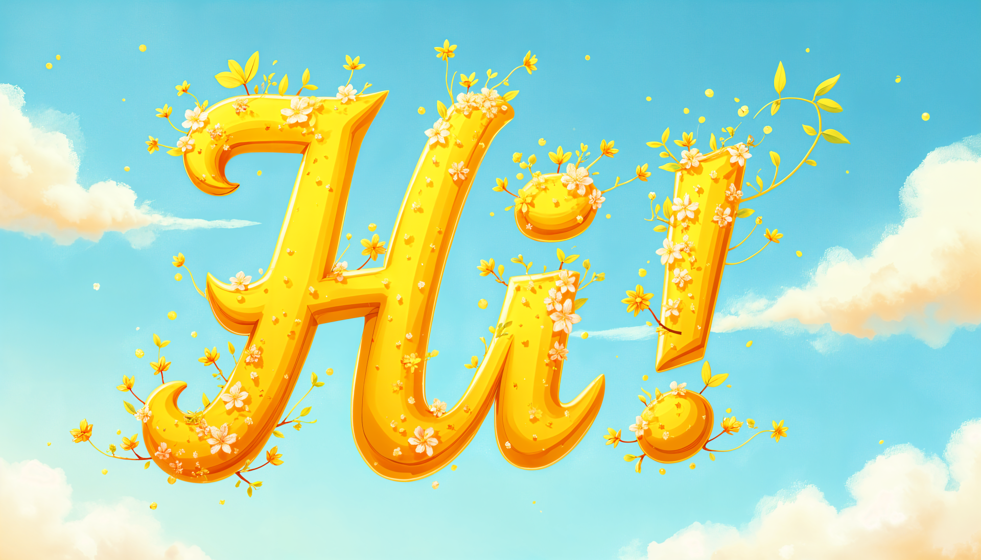 A vibrant 4K Ultra HD wallpaper featuring the cheerful word Hi! adorned with flowers against a bright blue sky, evoking a warm and welcoming atmosphere.