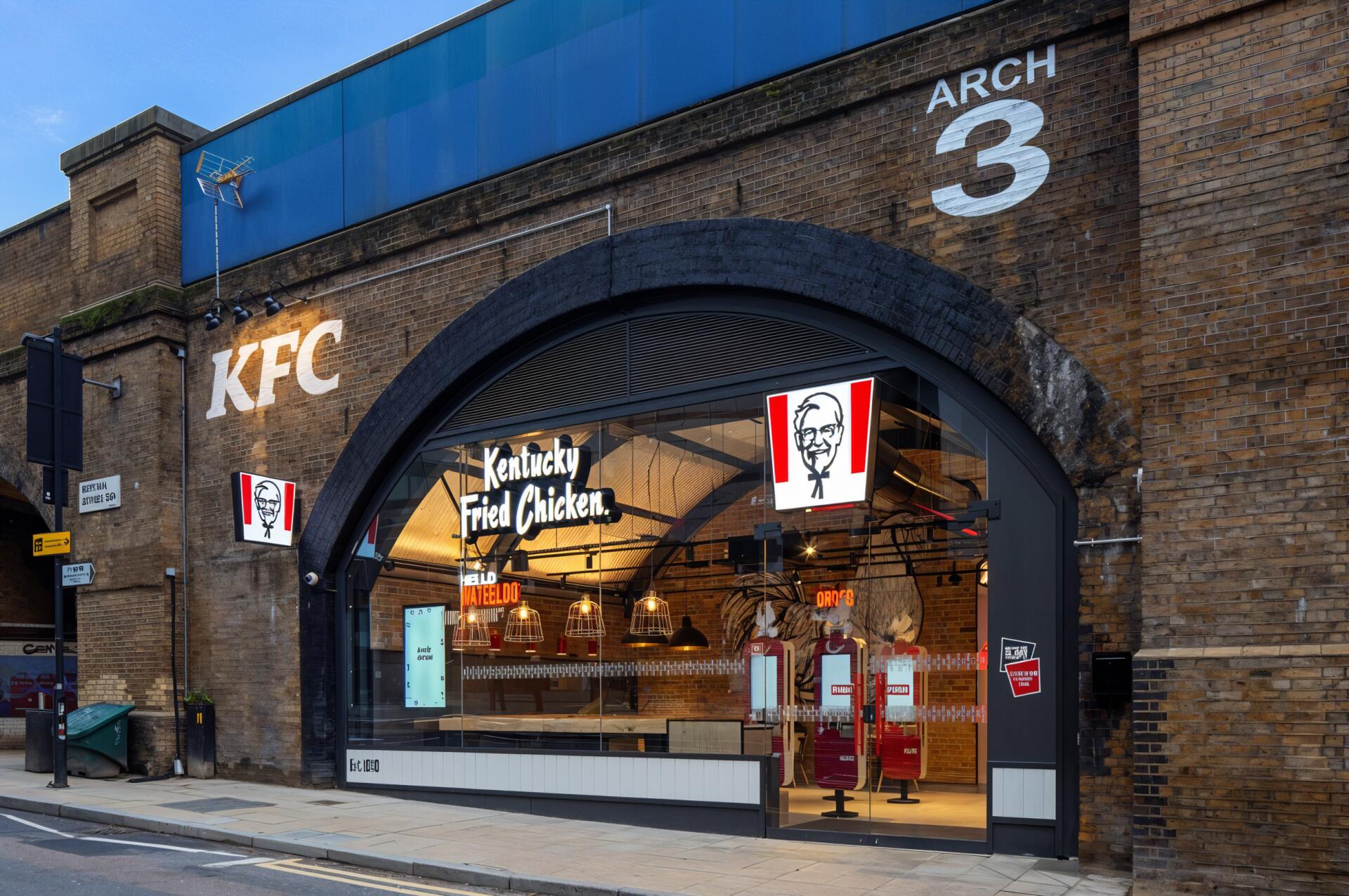 A high-definition desktop wallpaper featuring a KFC restaurant exterior, showcasing the iconic logo and inviting entrance against a backdrop of an arched brick wall.