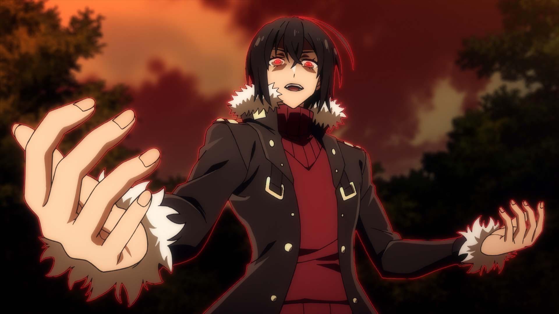 An HD wallpaper featuring a character from the anime The Most Notorious Talker Runs the World's Greatest Clan, standing dramatically against a fiery sunset backdrop.