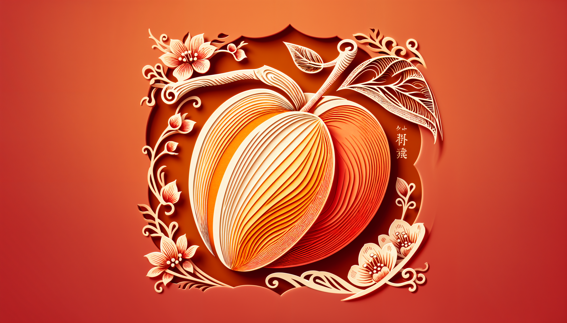 A vibrant 4K Ultra HD wallpaper featuring a beautifully illustrated apricot surrounded by delicate flowers and intricate leaf designs against an orange backdrop.