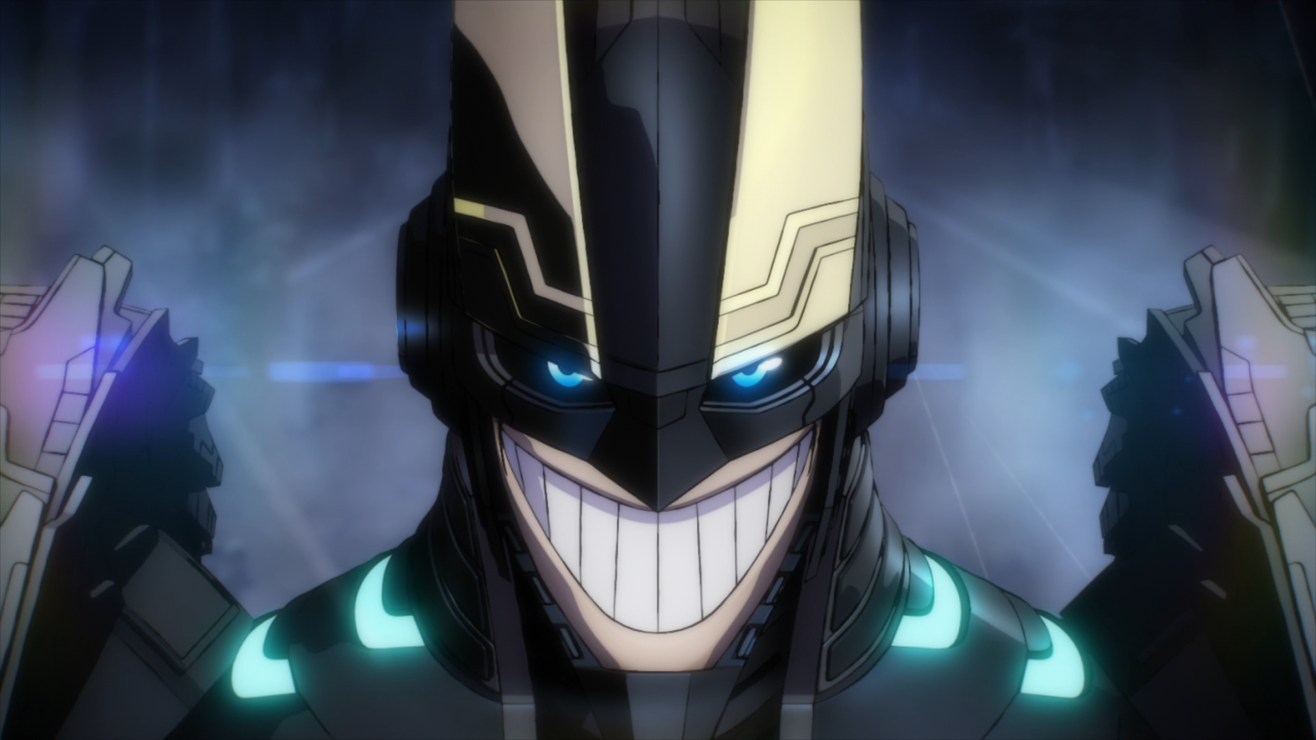 HD PC desktop wallpaper featuring Armored All Might from the anime My Hero Academia with glowing blue eyes and a large, confident smile.