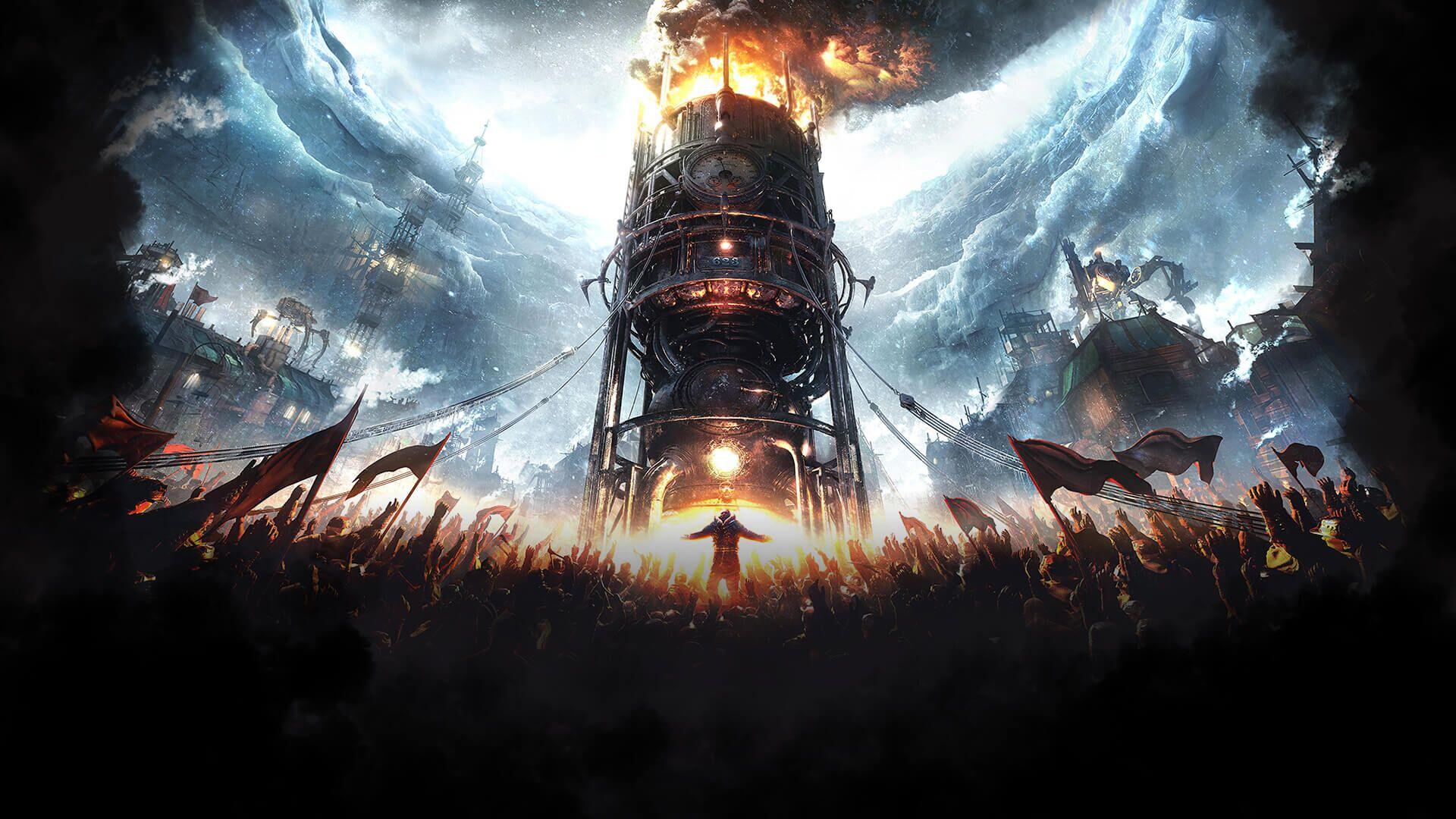 A dramatic scene from the video game Frostpunk 2, featuring a towering, fiery structure surrounded by a crowd, set against a stormy sky, making a striking HD PC desktop wallpaper.