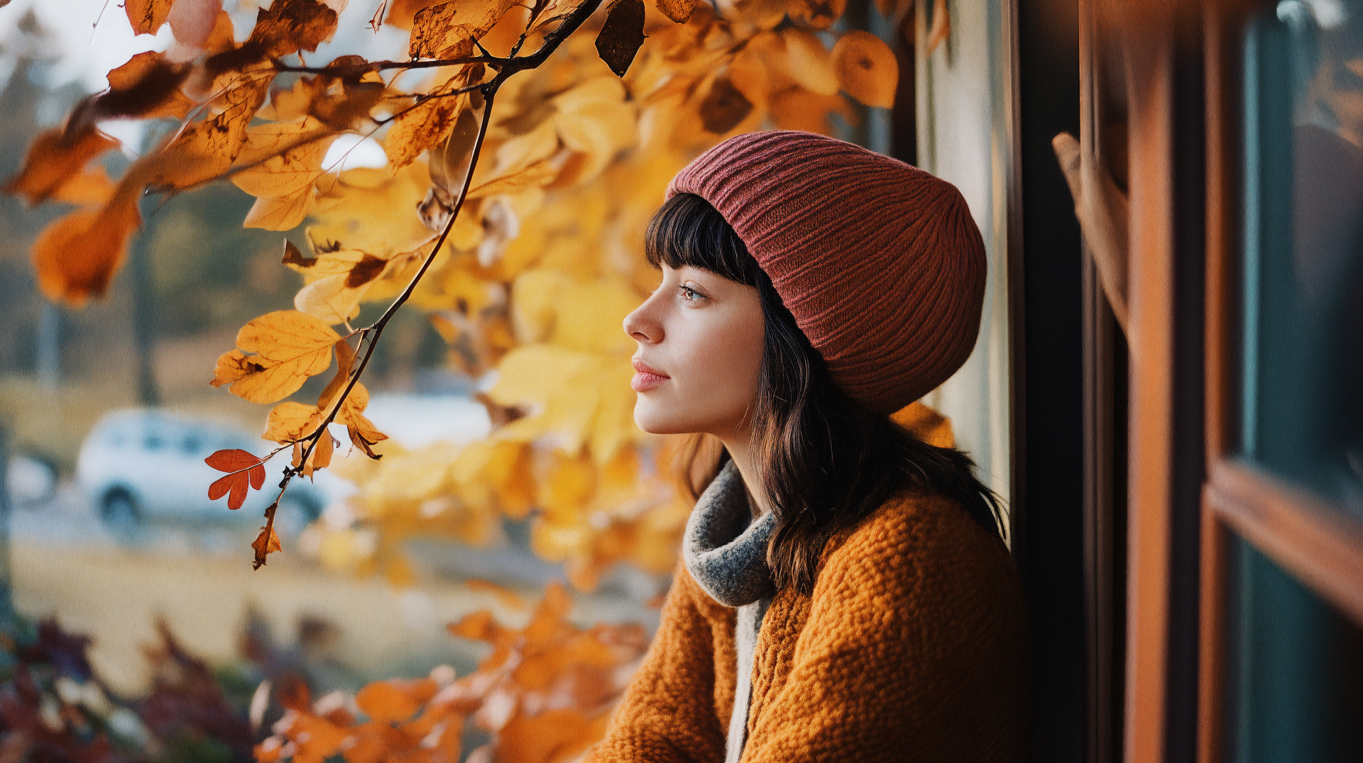 A woman in a cozy autumn setting gazes thoughtfully out a window, surrounded by vibrant fall leaves, capturing a serene and warm atmosphere. 4K Ultra HD desktop wallpaper.