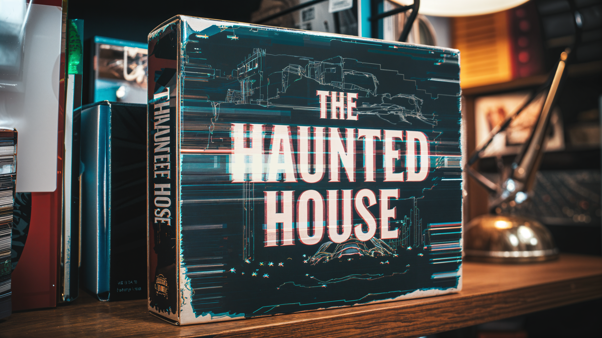 A stylish 4K Ultra HD PC Desktop wallpaper featuring a vintage game box titled The Haunted House, displayed on a wooden shelf with books and a lamp in a cozy setting.