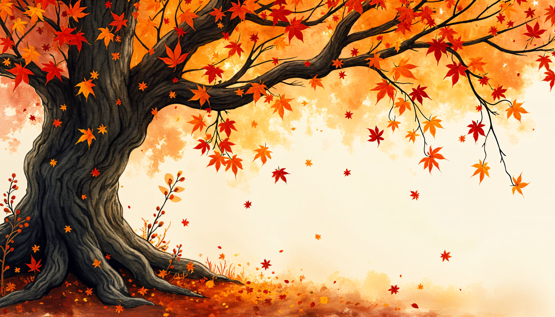 4K Ultra HD desktop wallpaper featuring a vibrant autumn tree with bright fall leaves in shades of orange and red, set against a glowing nature-inspired background.
