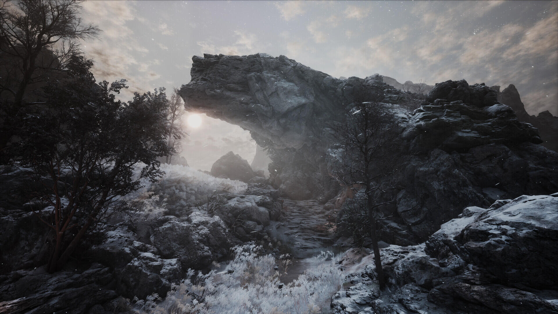 A stunning HD wallpaper from the video game The First Berserker: Khazan, showcasing a dramatic rocky landscape with a mysterious arch and ethereal lighting.