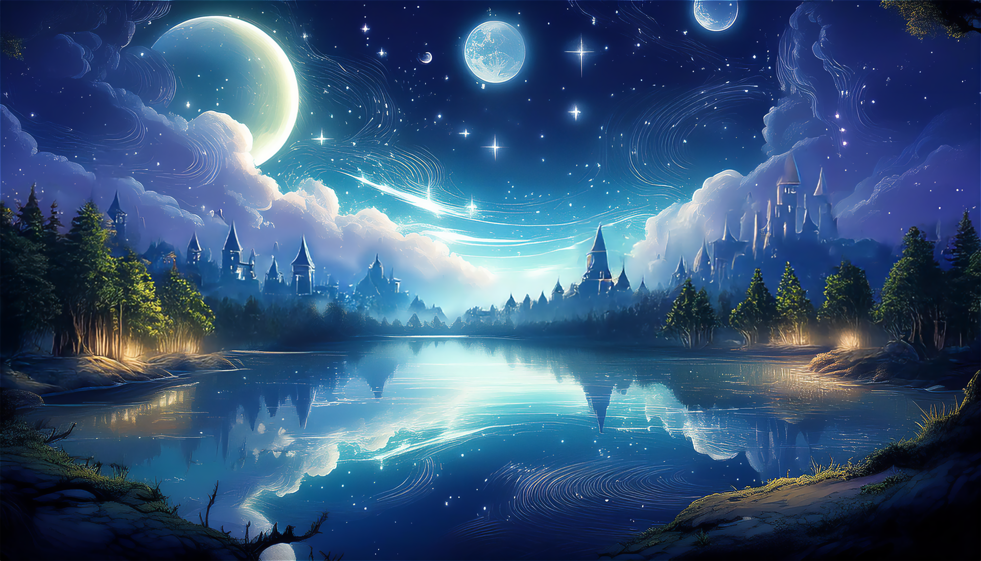 A stunning 4K Ultra HD anime landscape of a fantasy night scene with a glowing lake, multiple moons, starry sky, and distant castles reflecting in the water.