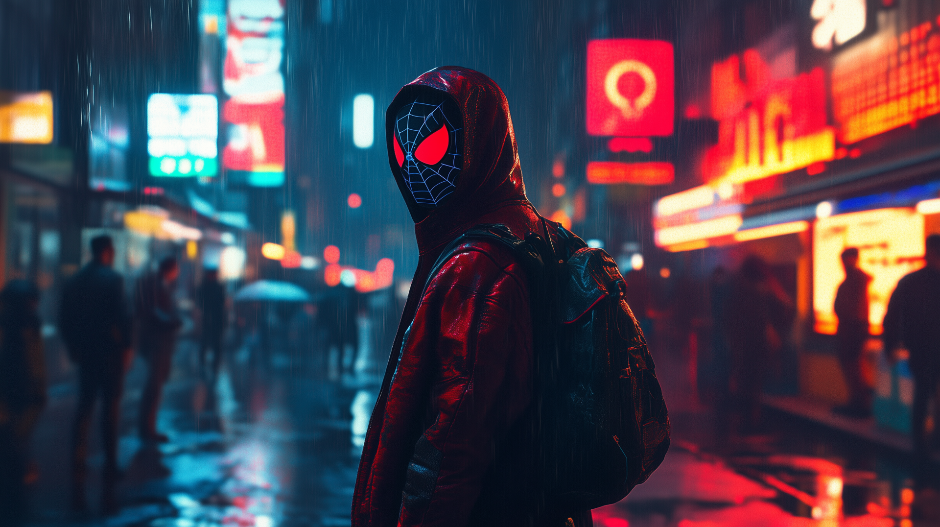 A cyberpunk-themed HD wallpaper featuring Spider-Man in the rain, standing against a backdrop of vibrant neon lights and a bustling cityscape.