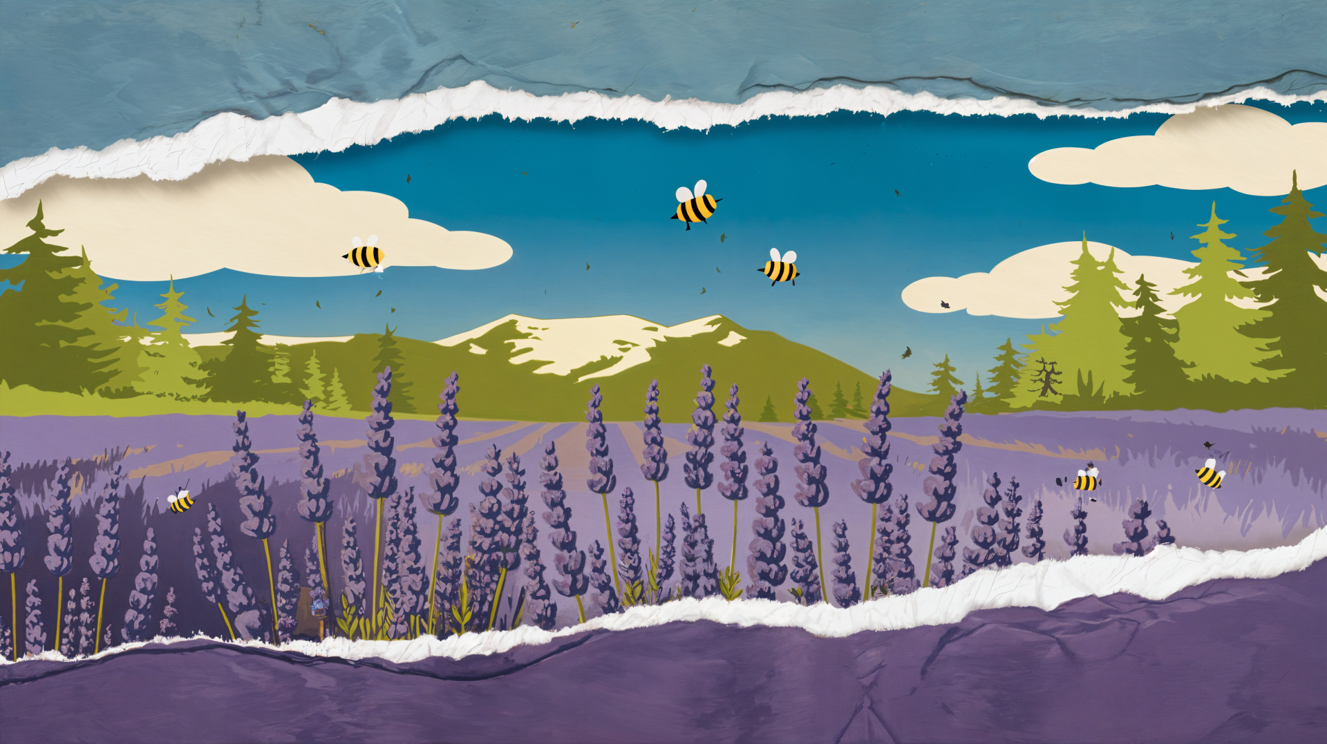 A vibrant lavender field under a blue sky with fluffy clouds, illustrated with bees buzzing around, creating a serene landscape. This 4K Ultra HD image serves as a stunning desktop wallpaper.