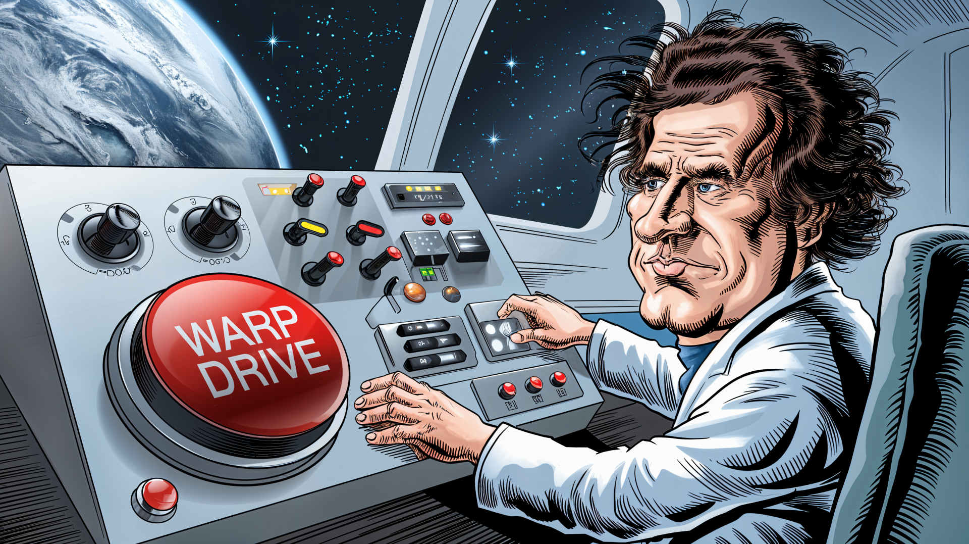 A detailed illustration of a scientist in a spaceship cockpit, focusing on a large WARP DRIVE button, with Earth visible through the window, designed for a 4K Ultra HD desktop wallpaper.