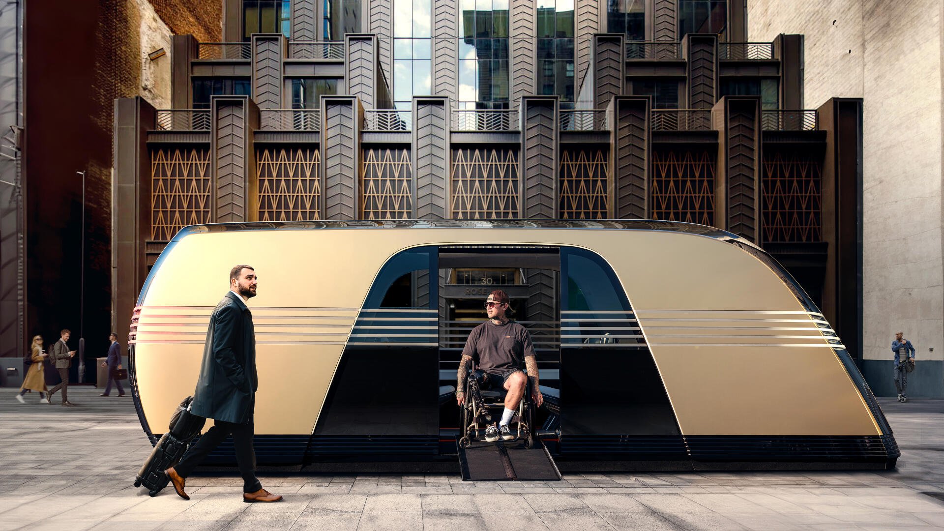 A futuristic Tesla robovan showcases modern design as a man in a suit walks by while another passenger in a wheelchair prepares to enter, set against a striking urban backdrop.