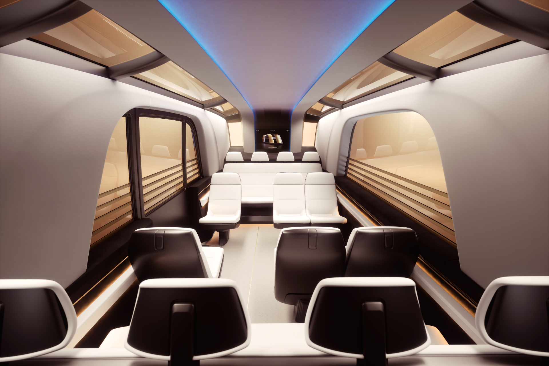 A modern interior of a Tesla robovan, featuring sleek seating and innovative design, showcased as an 8K Ultra HD PC desktop wallpaper and background.