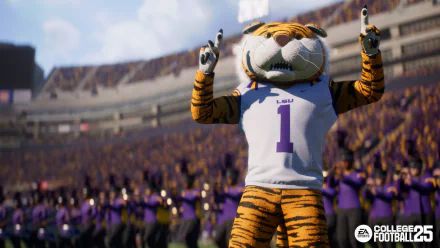 HD wallpaper of EA Sports College Football 25, featuring a costumed tiger mascot in a stadium, raising both hands with cheering fans in the background.