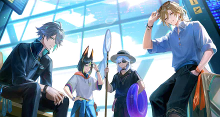 4K Ultra HD desktop wallpaper featuring Genshin Impact characters Al-haitham, Cyno, Kaveh, and Tighnari in a bright, modern indoor setting.