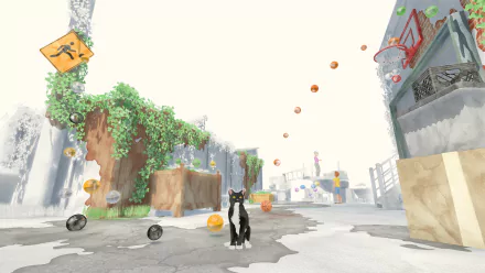 A whimsical HD desktop wallpaper featuring a black cat in a playful urban setting, surrounded by colorful orbs and greenery, tagged with video game and Éte (2024).