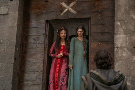 Characters from the TV show The Decameron stand at a doorway, dressed in vibrant period costumes, ready to engage with an approaching figure. This HD image serves as a striking desktop wallpaper.
