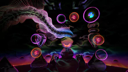 A vibrant HD desktop wallpaper for the video game Thrasher (2024), featuring abstract shapes, glowing rings, and a dynamic serpent against a cosmic backdrop.