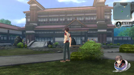 A still from Tokyo Xanadu eX+, featuring a character in a garden setting with a traditional building in the background, serving as an HD desktop wallpaper.