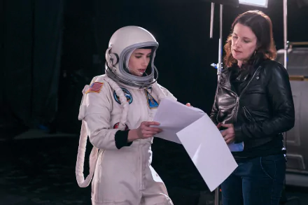A scene from the movie Space Cadet, featuring an actress in a spacesuit reviewing a script with a director, set against a backdrop of a film studio. HD desktop wallpaper.