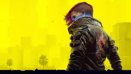 Cyberpunk 2077-themed 4K Ultra HD wallpaper featuring a character with futuristic attire and vibrant colors against a bright yellow cityscape background.