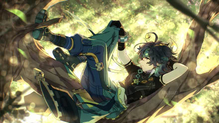 A vibrant HD wallpaper featuring Kinich from Genshin Impact, lounging comfortably in a tree, surrounded by glowing foliage and a serene atmosphere.