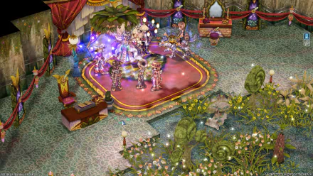 A vibrant HD desktop wallpaper for Ragnarok Online, featuring a lively gathering of characters surrounded by lush greenery and intricate decor, creating a magical atmosphere.