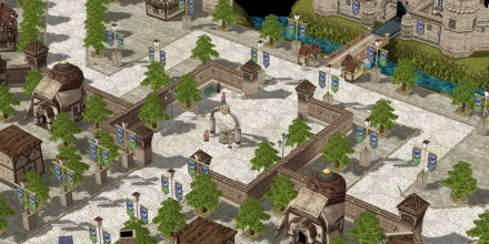 A vibrant HD wallpaper from the video game Ragnarok Online, showcasing a detailed village layout with trees, banners, and architectural features, creating an immersive fantasy atmosphere.