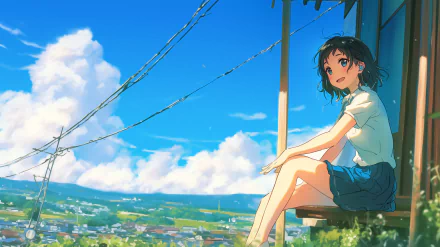 A vibrant HD wallpaper featuring Hina Amano from *Weathering with You*, sitting on a ledge with a scenic backdrop of blue skies and clouds, capturing a tranquil lofi aesthetic.