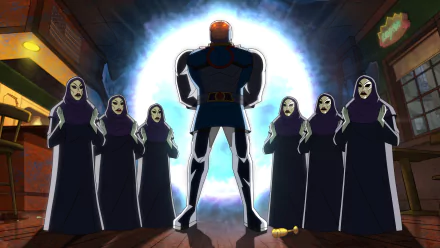 A striking HD desktop wallpaper from the TV show Kite Man: Hell Yeah! featuring a heroic figure facing a group of mysterious cloaked figures against a glowing backdrop.