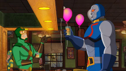 A colorful HD wallpaper from the TV show Kite Man: Hell Yeah! featuring Kite Man cheerfully interacting with a gray, armored character holding balloons at a lively bar setting.