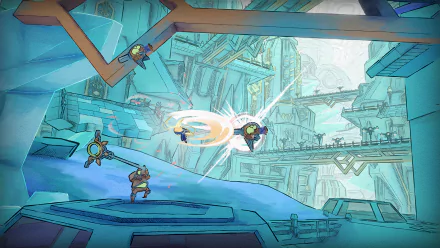 HD desktop wallpaper featuring visuals from the video game Mio: Memories in Orbit, showcasing vibrant colors and a captivating cosmic theme.