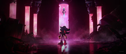 HD PC desktop wallpaper featuring Sonic the Hedgehog and Shadow the Hedgehog, inspired by Sonic Generations and Sonic X Shadow Generations, set in a dramatic, glowing environment.