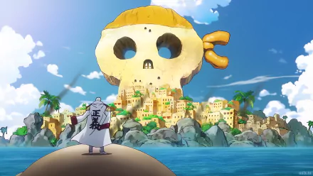 4K Ultra HD One Piece desktop wallpaper featuring a pirate admiral standing on the shore, gazing at a vibrant island shaped like a skull with palm trees and buildings under a bright sky.