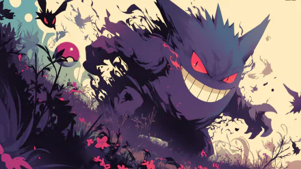 A vibrant HD wallpaper featuring Gengar from Pokémon, depicted in a striking anime style with swirling shadows and a mischievous grin, surrounded by floral elements and Poké Balls.