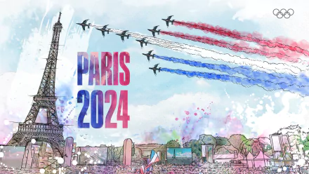 A vibrant HD desktop wallpaper featuring the Eiffel Tower, symbolizing the Olympic Games Paris 2024, capturing the essence of sports and French culture.