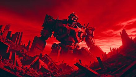 A striking HD wallpaper featuring a giant robot towering over a ruined landscape, set against a dramatic red sky, embodying themes of destruction and futuristic decay.