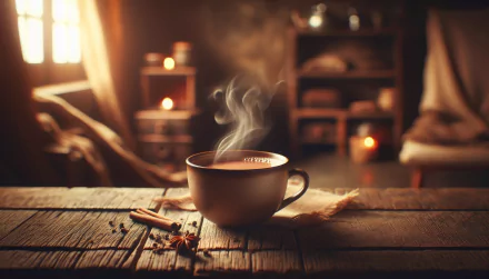 A steaming cup of chai tea sits on a rustic wooden table, surrounded by cinnamon sticks and warm candlelight, creating a cozy atmosphere in this HD desktop wallpaper.