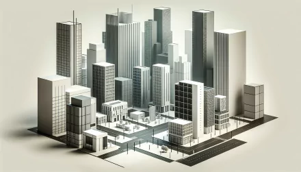 A sleek, high-definition desktop wallpaper depicting a stylized downtown skyline, featuring a mix of tall skyscrapers and modern buildings against a soft background.