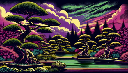 A vibrant bonsai garden with lush trees and a tranquil pond, set against a dramatic sky. This HD image serves as a stunning desktop wallpaper.
