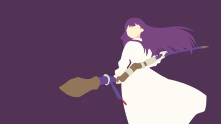 Minimalist 4K Ultra HD anime wallpaper featuring Fern from Frieren: Beyond Journey's End with flowing purple hair and a white robe against a dark purple background.
