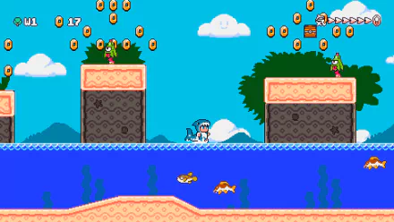HD desktop wallpaper featuring a vibrant scene from the video game Kitsune Tails, with characters navigating platforms over a blue body of water and collectible coins floating above.