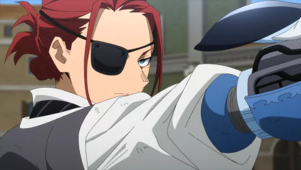 A striking HD wallpaper from My Hero Academia: You're Next, featuring a determined character with red hair and an eyepatch, poised for action with a focused expression.