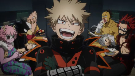 Anime-themed HD desktop wallpaper features Katsuki Bakugou from My Hero Academia: You're Next, smiling confidently with classmates enjoying a meal in the background.