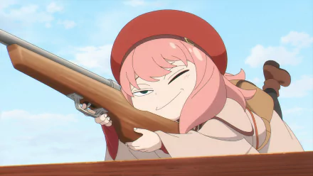 HD PC desktop wallpaper featuring Anya Forger from the anime Spy x Family Code: White aiming a rifle with a confident smirk.