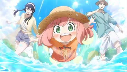 Anya, Yor, and Loid Forger from Spy x Family Code: White splash through bright ocean waves, smiling under a sunny sky — 4K Ultra HD PC desktop wallpaper.