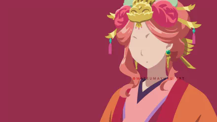 Anime-style 8K Ultra HD desktop wallpaper featuring a faceless character from The Apothecary Diaries with intricate pink and gold hair accessories on a maroon background.