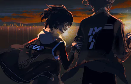 4K Ultra HD wallpaper featuring Wise and Belle from the video game Zenless Zone Zero, depicted as stylish characters overlooking a glowing cityscape at sunset.