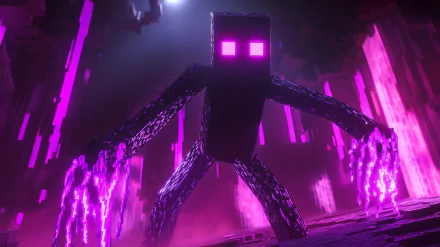 A high-definition desktop wallpaper featuring an Enderman from the popular video game Minecraft, showcasing its distinct purple eyes against a dark background.