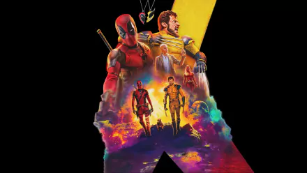 4K Ultra HD wallpaper featuring Deadpool, Wolverine, and Dogpool in a vibrant, cinematic movie-style composition for PC desktop background.