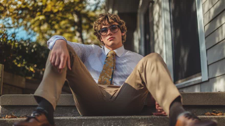 A preppy man poses in a stylish outfit, creating a sophisticated and polished atmosphere. This HD desktop wallpaper adds a touch of elegance to any background.
